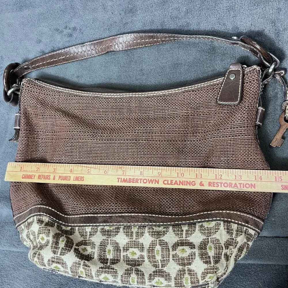 FOSSIL Woven Brown Textile / Leather Curved Hobo Shoulder Bag